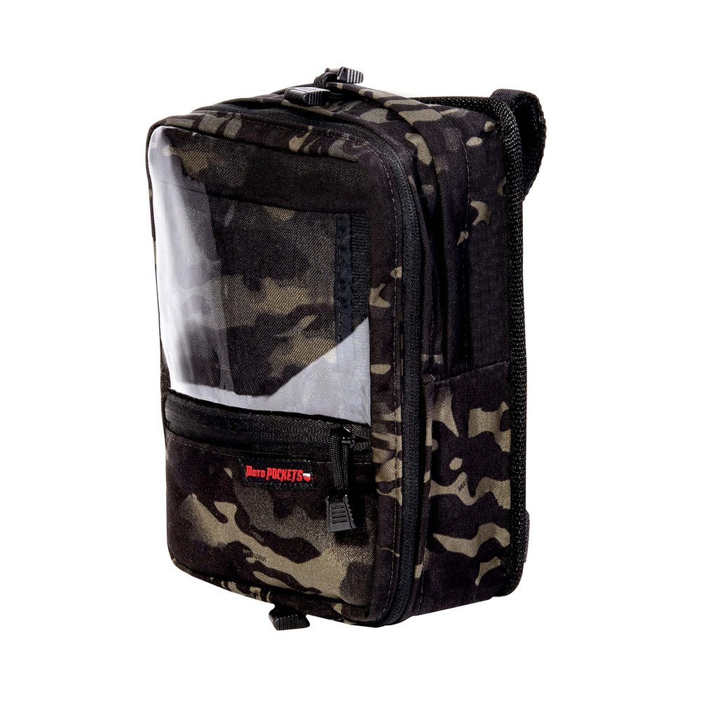 Moto Pockets T-Bar Utility handlebar bag in black camo.