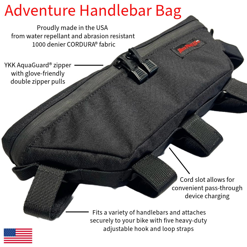 Moto Pockets Adventure Motorcycle Handlebar Bag features.