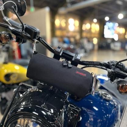 Burrito handlebar bar mounted on Harley Davidson.