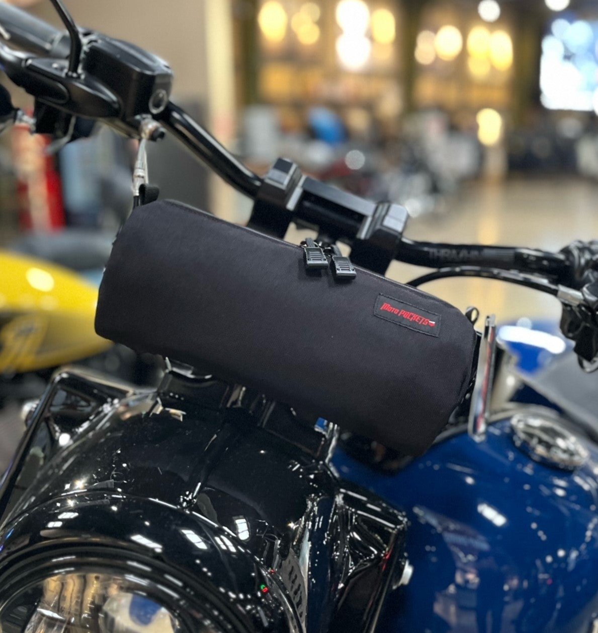 Moto Pockets Burrito Handlebar Bag on Harley Davidson with Thrashin Supply Risers.