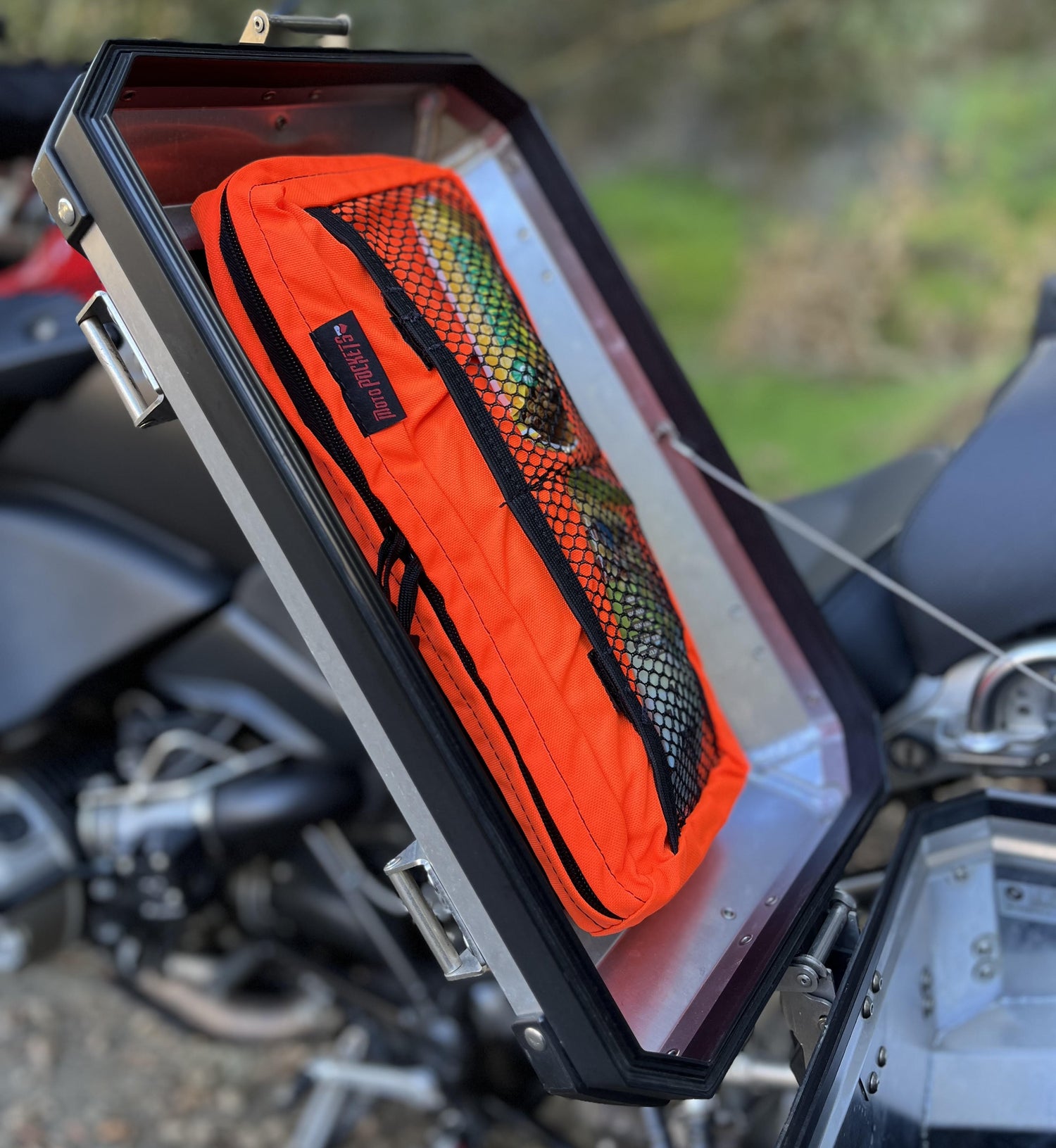 Moto Pockets Side Case Lid Bag installed on a BMW GS 1200GSA