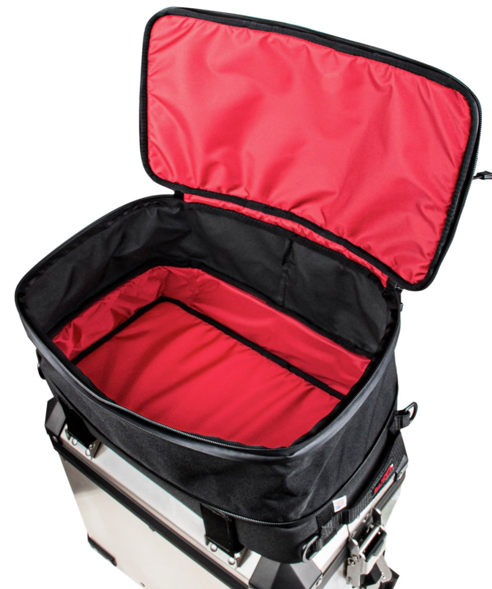 Moto Pockets Pannier Topper Bag with red interior liner.