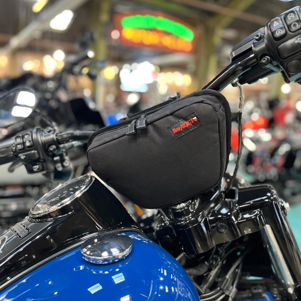 Moto Pockets OG T-Bar handlebar bag on a Harley-Davidson