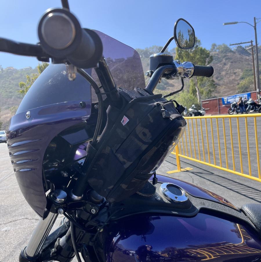 Moto Pockets T-Bar Utility hanldebar bag mounted on a Harley Dyna.