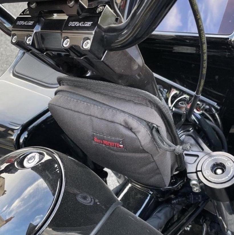 Motorcycle mini T-bar bag mounted on a Harley Davidson.